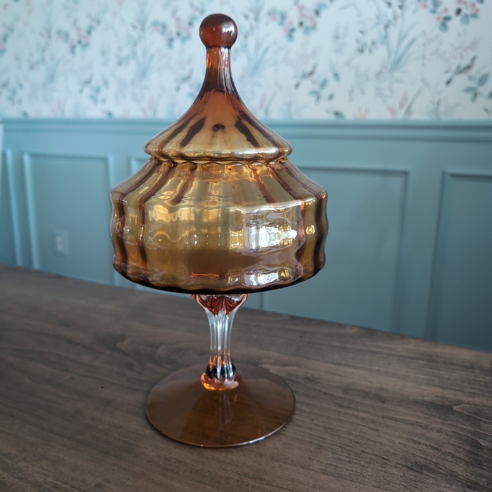Vintage Empoli Amber Glass Circus Tent Candy Dish Pedestal Lidded MCM Apothecary